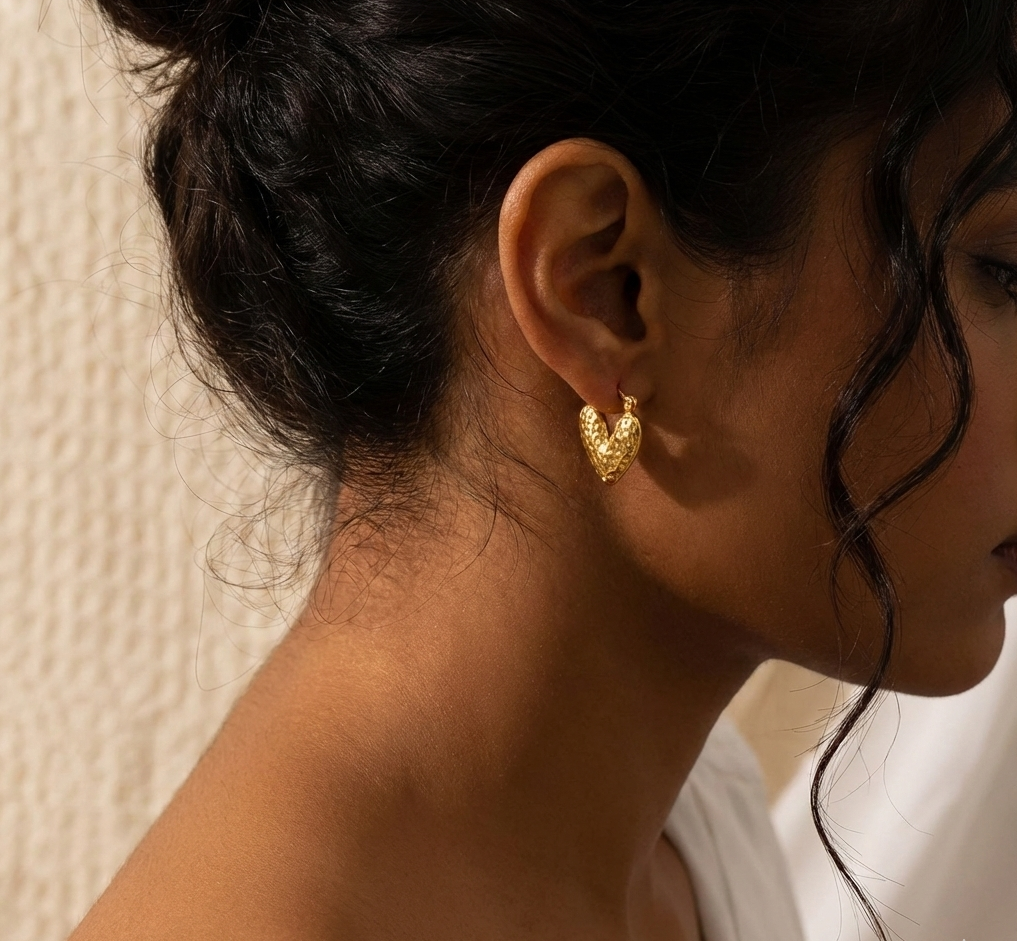 Hammered Gold Heart Hoop Earrings